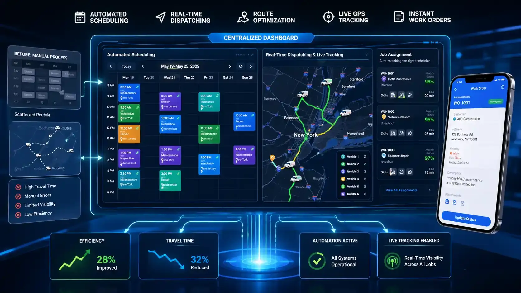 Modern dashboard showing automated scheduling and real-time dispatching